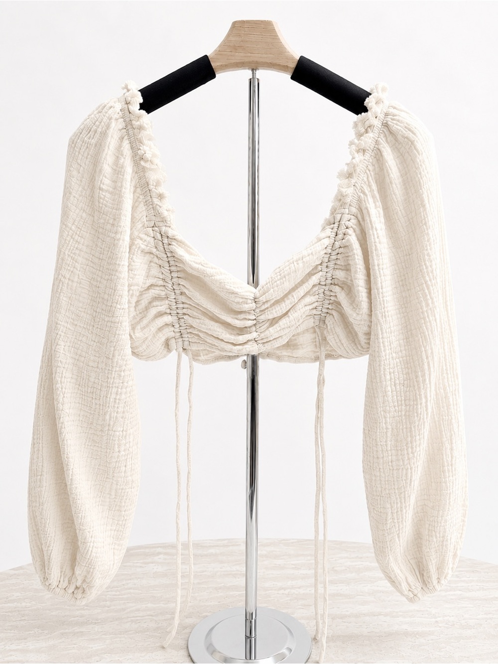 Beige Botany Cotton Gauze Crop Top Boho Peasant Balloon Sleeve M